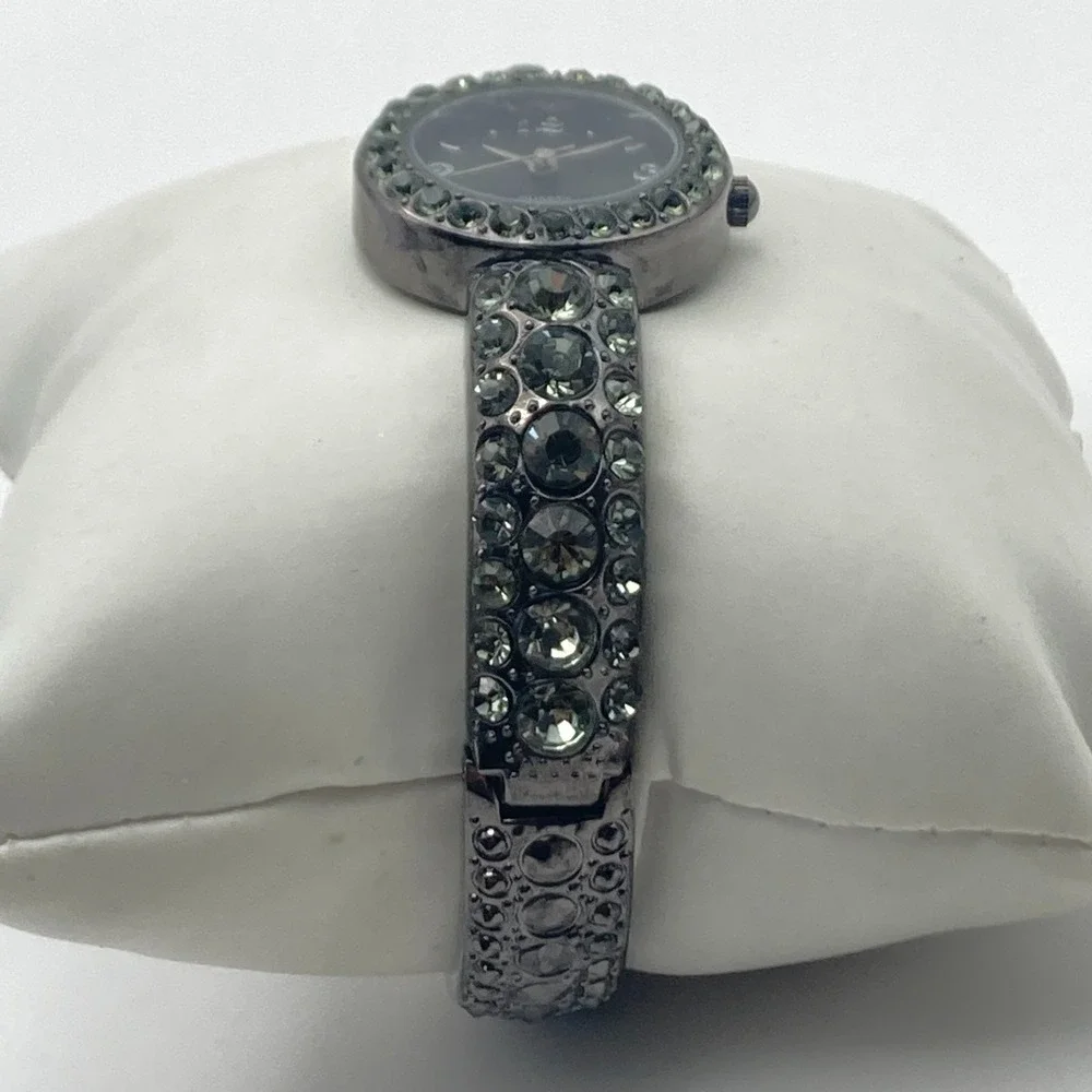 Modern Women's Watch Black Metallic Cuff 24mm Crystals Bling New Battery 6.5